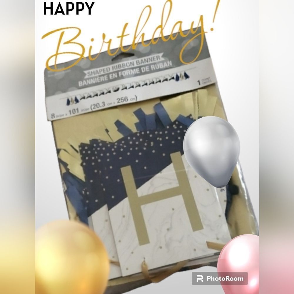 Happy Birthday shaped ribbon banner with stickers 8 inch x 101 inches